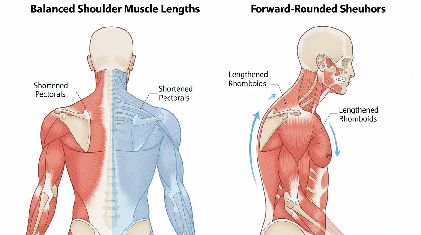 The image shows a side-by-side comparison of balanced shoulder muscle lengths on one side, contrasted with shortened pectorals and lengthened rhomboids on the other side, illustrating the effects of poor posture, specifically in a forward-rounded shoulder position. This visual highlights how chronic stress leads to muscle imbalances and physical symptoms like neck pain and joint pain, emphasizing the importance of managing stress and improving posture for better musculoskeletal health.
