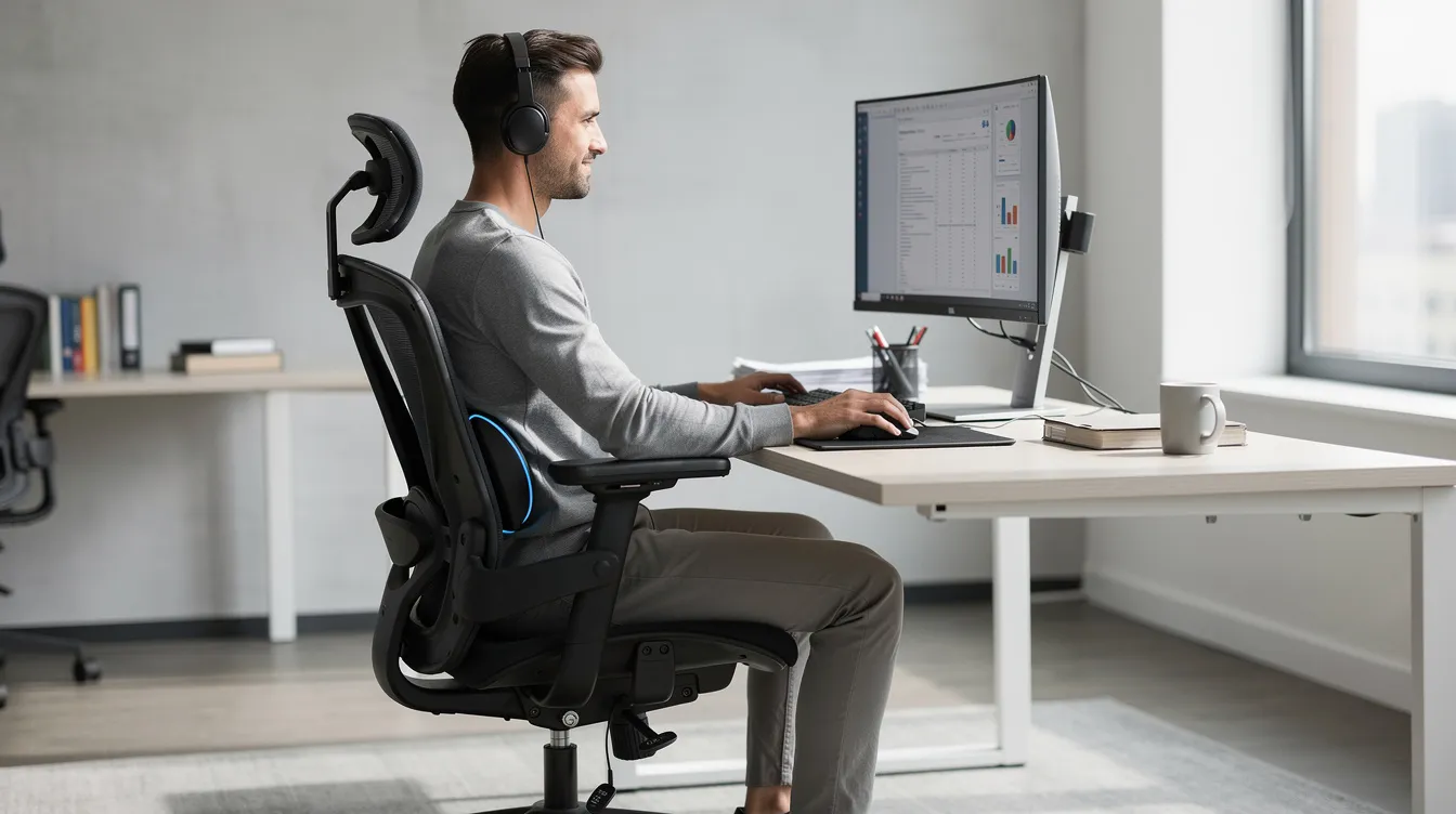 The image depicts a person seated at an ergonomic workstation, featuring a monitor positioned at eye level, feet flat on the floor, and a neutral spinal alignment, promoting good posture to reduce joint stress and support knee health. This setup is designed to potentially avoid knee surgery by maintaining proper knee alignment and reducing strain on the knee joints during everyday tasks.