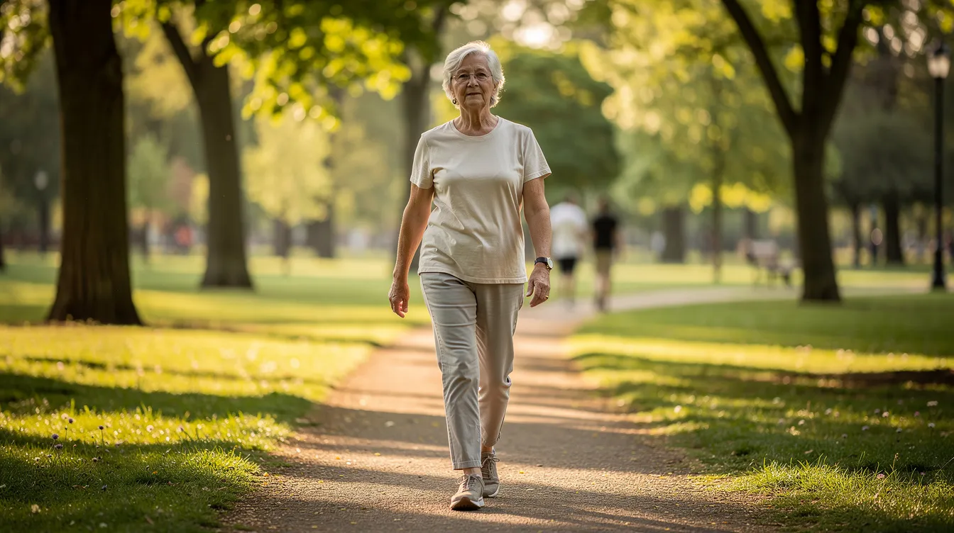 A senior adult is walking confidently through a sunlit park, showcasing an upright posture that reflects their commitment to independent living and healthy aging. The scene emphasizes the importance of maintaining joint mobility and overall well-being through active participation in daily activities.
