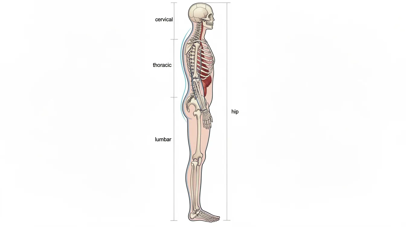 The image depicts an anatomical side view of a human spine in an upright standing position, illustrating the natural spinal curves and alignment essential for maintaining independence in older adults. Proper spinal alignment is crucial for alleviating joint pain and improving mobility, contributing to a fulfilling lifestyle and overall well-being.