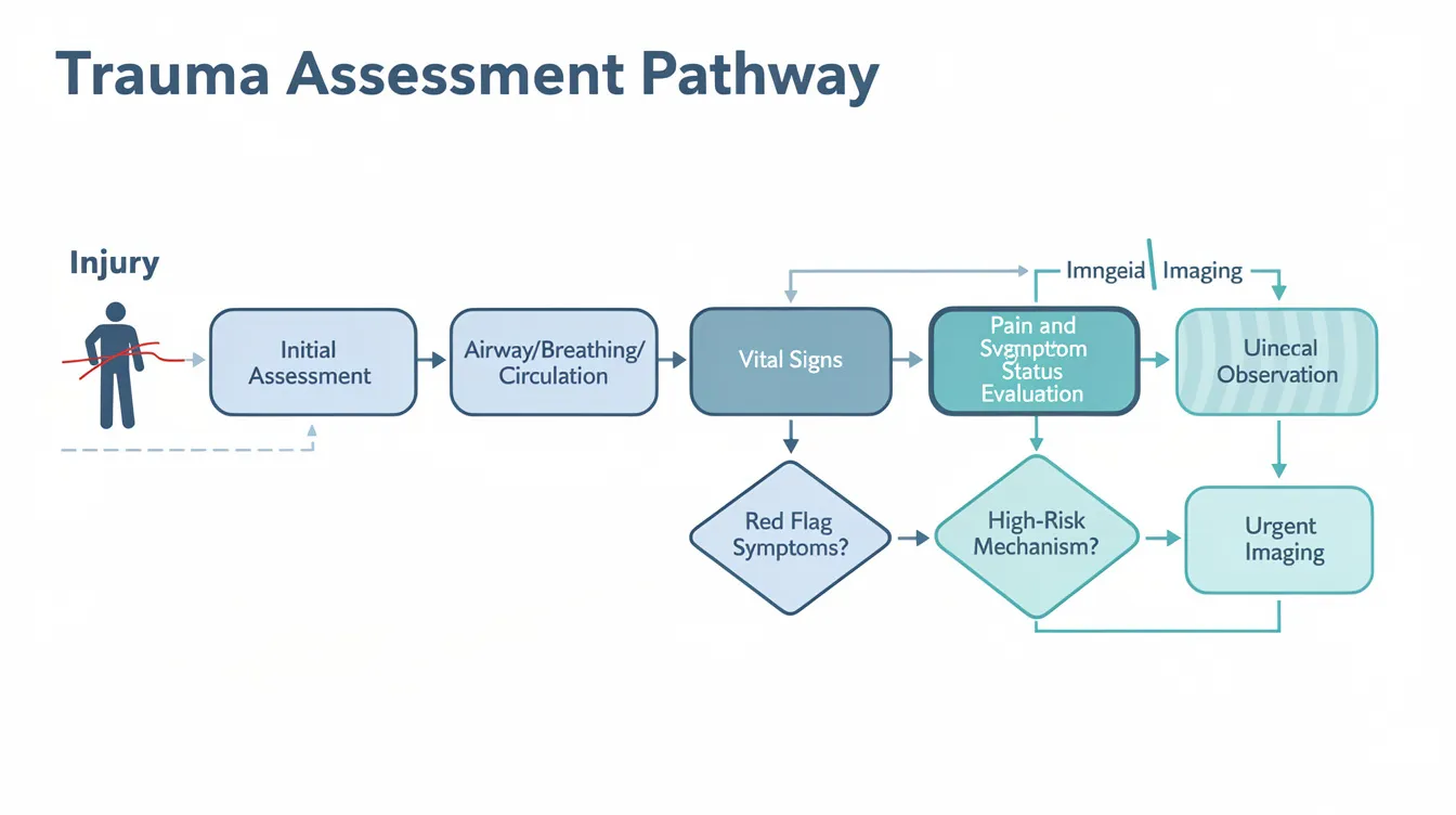 A flowchart illustrating the trauma assessment pathway outlines the steps from injury to symptom evaluation and imaging decisions, emphasizing the importance of recognizing symptoms of sciatica, such as severe leg pain and muscle weakness. It serves as a guide for healthcare professionals to identify and manage nerve pain effectively, ensuring accurate diagnosis and appropriate treatment plans for conditions like herniated discs and spinal stenosis.