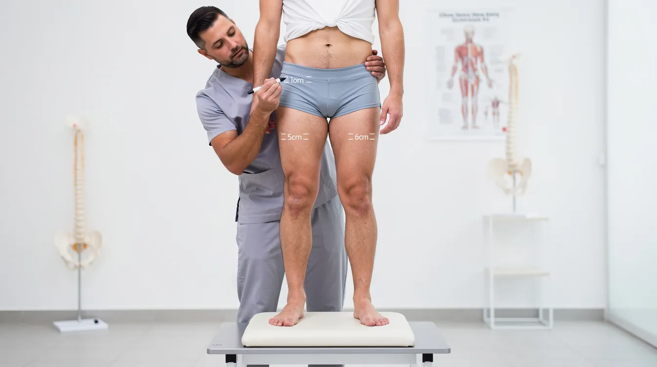 A chiropractor is assessing a patient's pelvic alignment while they stand on a level surface, marking the heights of the iliac crests to ensure proper knee alignment and reduce joint stress. This evaluation is crucial for maintaining joint health and potentially avoiding knee surgery.