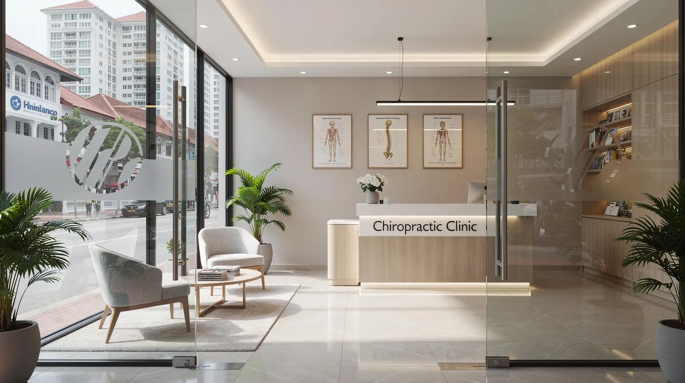 The image depicts the entrance of a welcoming chiropractic clinic in urban Singapore, featuring modern decor and ample natural lighting. This inviting space emphasizes the importance of proactive spinal maintenance and chiropractic care for improving spinal health and overall well-being.