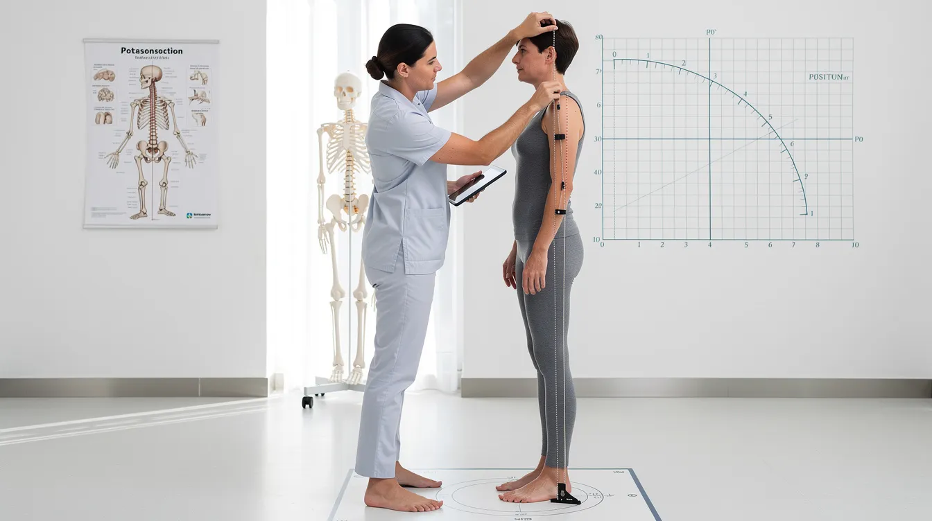A qualified chiropractor is conducting a detailed posture assessment on a standing patient using measurement tools, focusing on spinal alignment and musculoskeletal health. This personalized chiropractic care plan aims to identify the root causes of pain and develop a customized treatment plan for optimal health and pain management.
