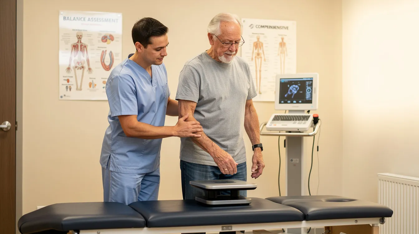 A chiropractor is conducting a comprehensive balance assessment on an older patient, focusing on improving static and dynamic balance to reduce fall risk. The assessment aims to identify risk factors such as muscle weakness and joint pain, which are crucial for fall prevention efforts among older adults.