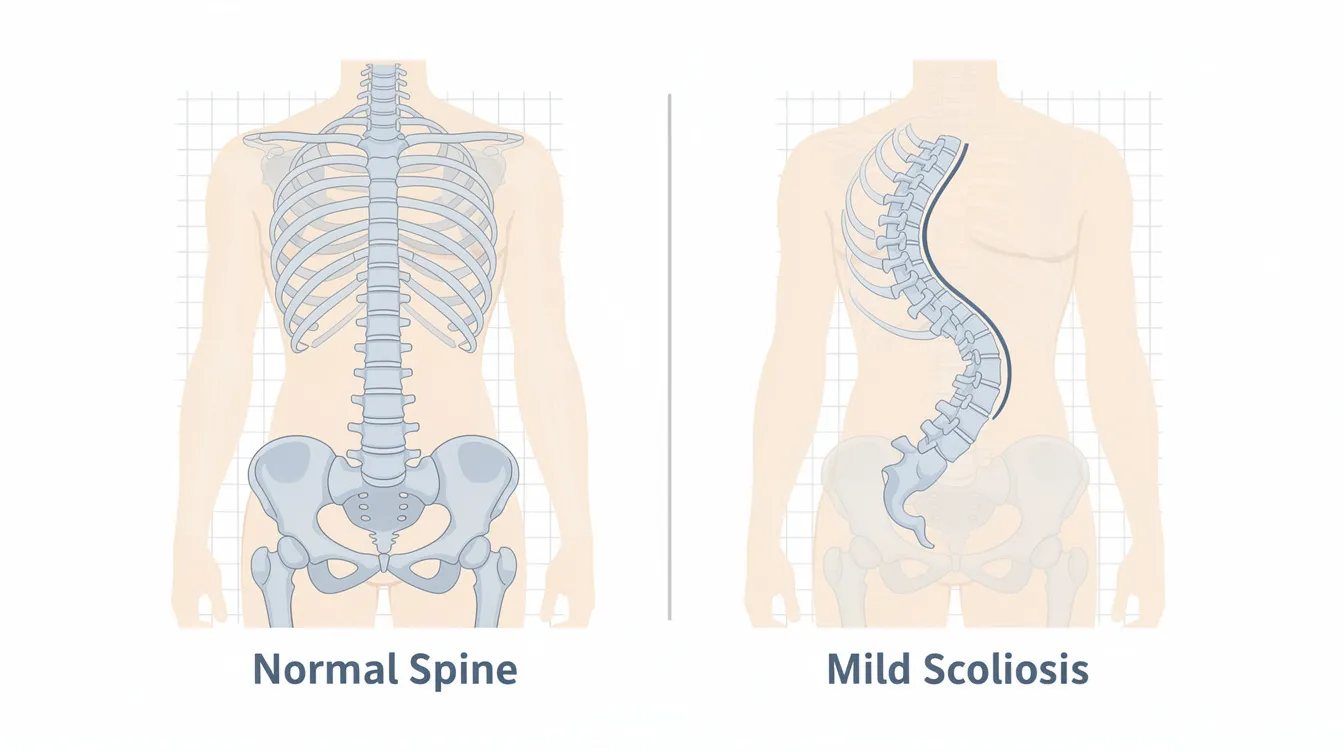 The image illustrates a comparison between a normal spine aligned in a straight line and a spine exhibiting mild scoliosis, which curves sideways. This visual representation highlights the spinal curvature associated with mild scoliosis, emphasizing the importance of early intervention and scoliosis management to prevent further progression and maintain long-term spinal health.