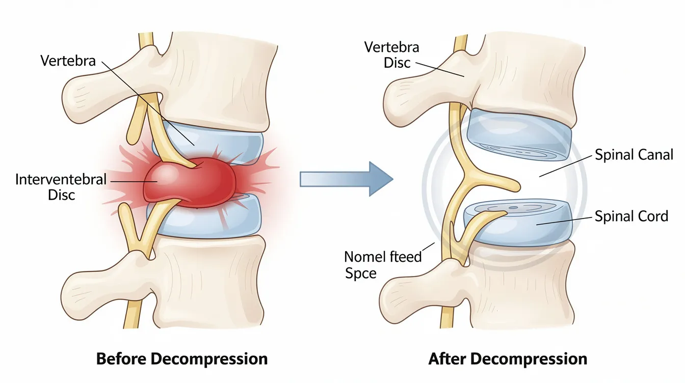 The image features a side-by-side comparison of a compressed spinal disc bulging into the spinal canal and the same disc after undergoing spinal decompression therapy, showing retracted material and restored spacing. This illustration highlights the benefits of spinal decompression in relieving pressure from herniated discs and alleviating chronic back pain.