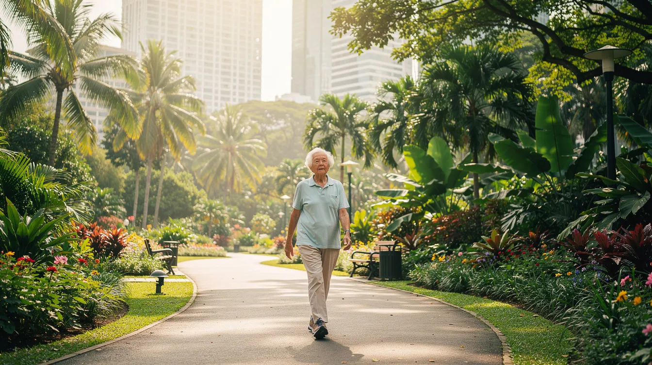 An elderly person confidently walks along a lush green park pathway in a tropical city, showcasing the importance of physical activity and mobility for older adults. This scene highlights the concept of active ageing and the vital role it plays in maintaining independence and quality of life within the ageing population.