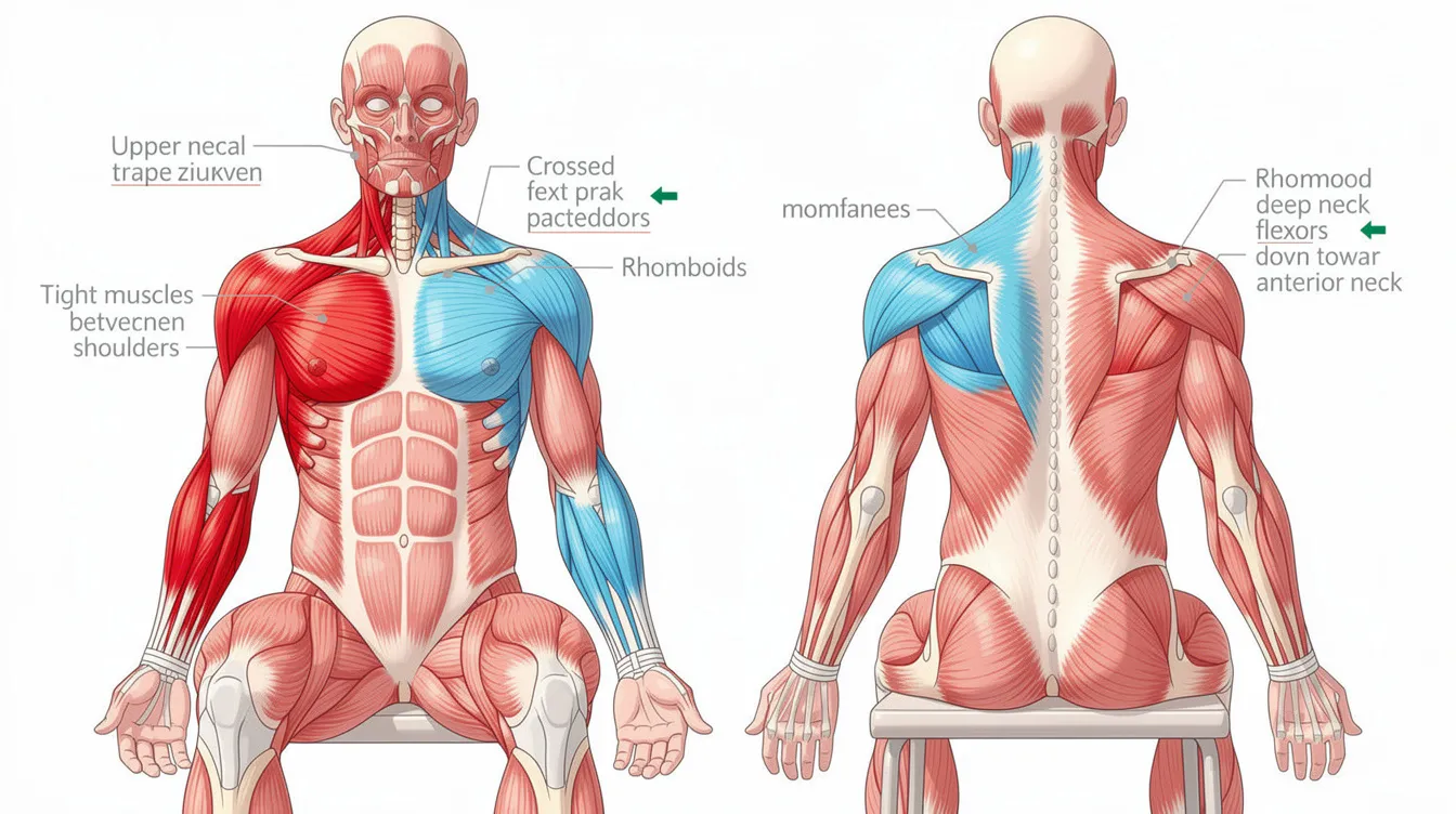 The image depicts a seated figure with an anatomical overlay highlighting tight muscles in red and weak muscles in blue, illustrating the crossed pattern from the upper trapezius to the pectorals and from deep neck flexors to the rhomboids. This visual representation emphasizes how poor posture and chronic stress can lead to muscle imbalances, contributing to conditions like neck pain and back pain.