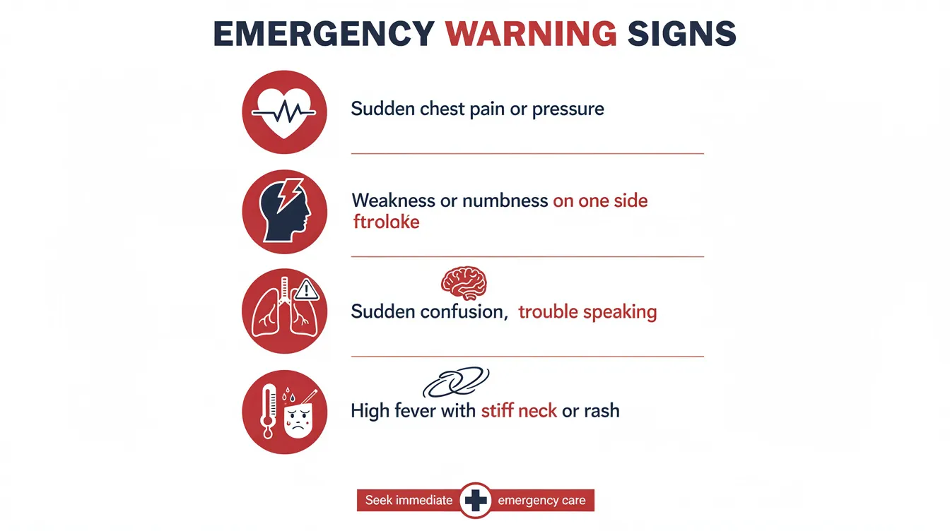 The image depicts an emergency symptom checklist highlighting five critical warning signs that necessitate immediate hospital evaluation, such as severe pain, significant leg weakness, and neurological symptoms. These signs are essential for understanding serious conditions like sciatica, which can involve nerve compression and debilitating pain affecting the sciatic nerve pathway.