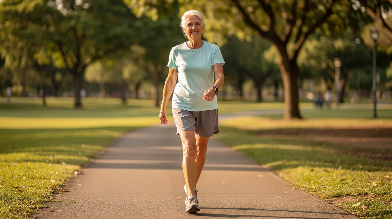 An active senior confidently walks outdoors, showcasing improved posture and balance, which are essential for fall prevention in older adults. This demonstration highlights the importance of maintaining balance and engaging in physical activity to reduce the risk of falls and enhance overall well-being.