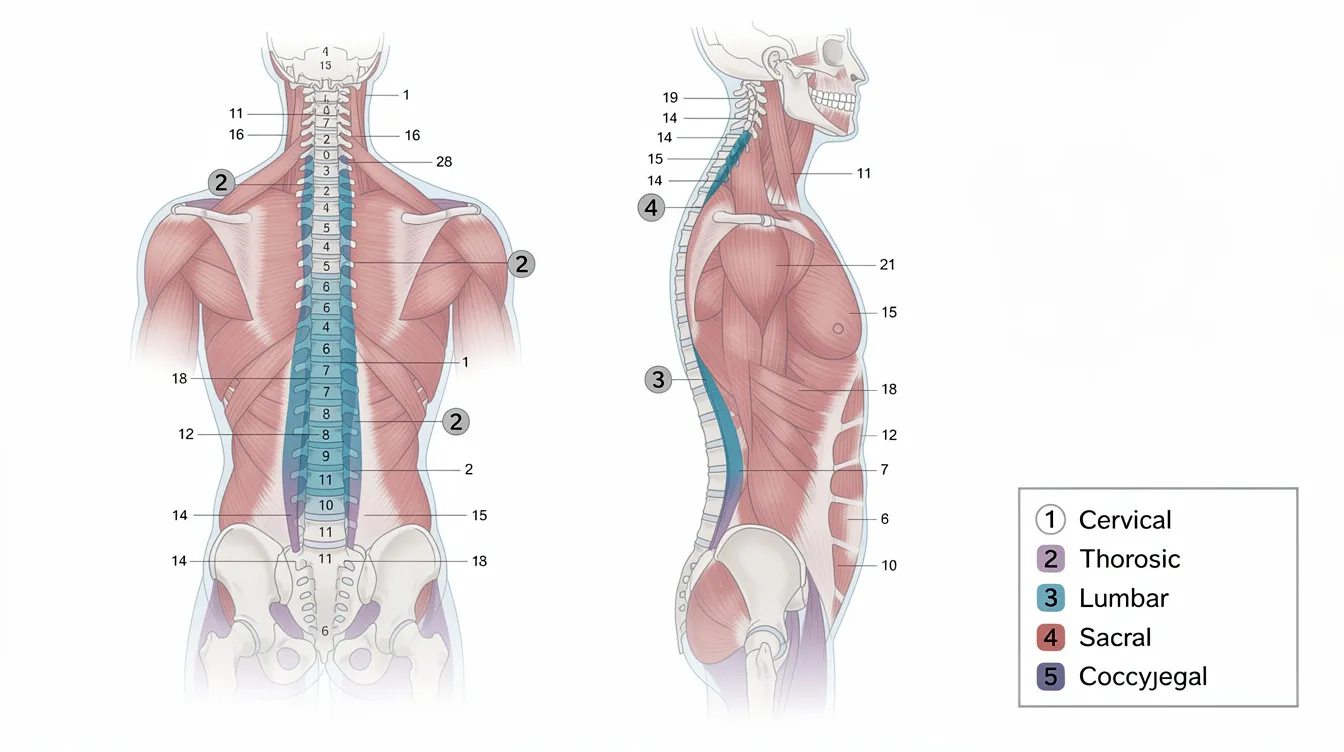 The image depicts a detailed diagram of a human spine, with numbered regions indicating various vertebrae and surrounding muscle groups. This visual representation can help illustrate the potential physical strain that may contribute to headache disorders, including migraine symptoms and pain.
