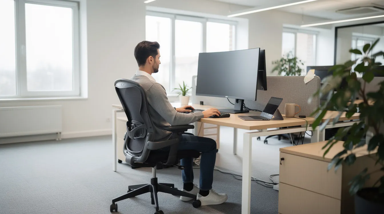 The image depicts a person seated at an ergonomic desk setup, featuring a supportive chair and a monitor positioned at an optimal height for reducing physical strain. This modern office environment highlights the importance of proper posture and workspace design in managing migraine symptoms and preventing headache disorders.