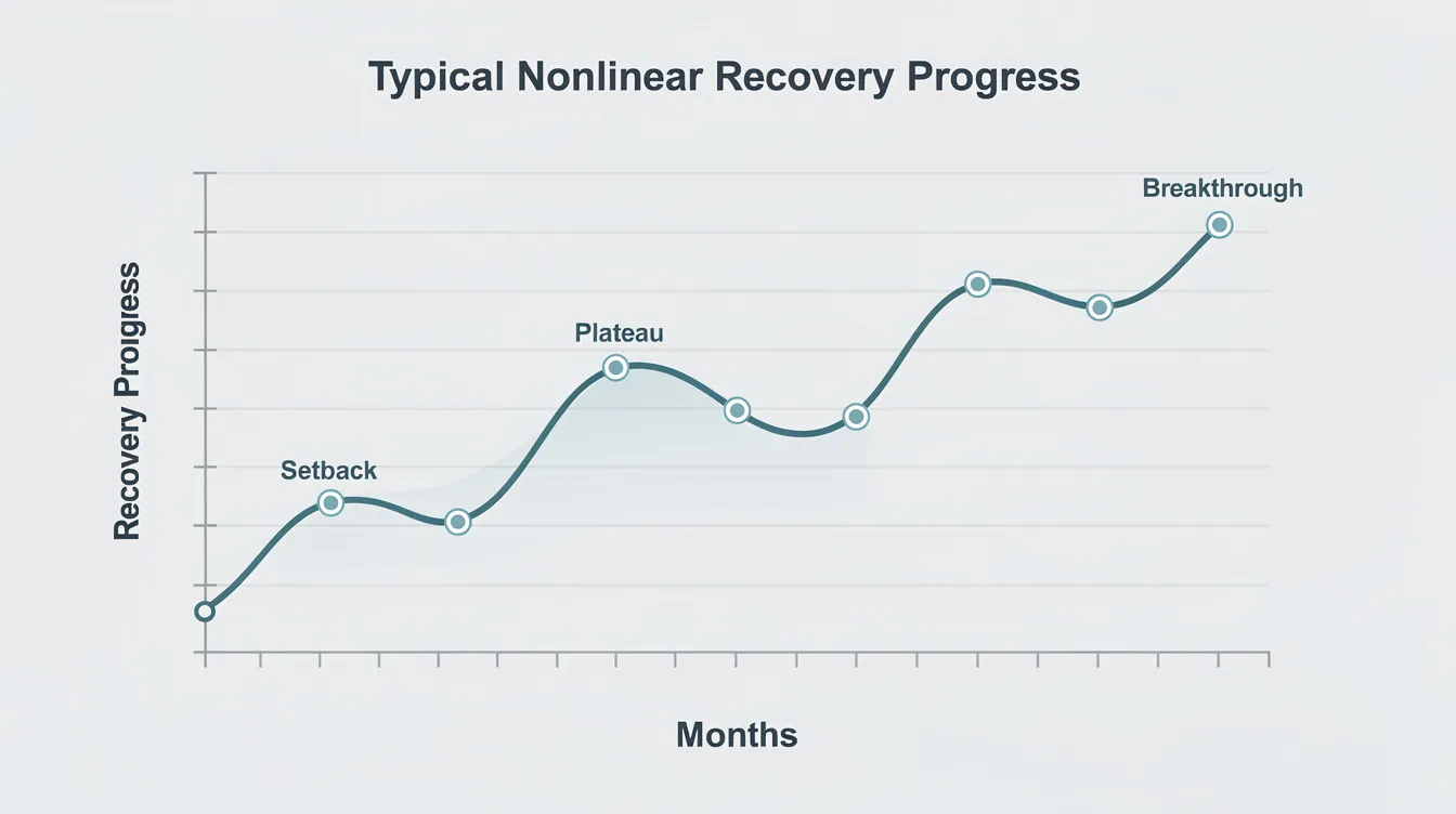 The image depicts a chart illustrating a wavy upward trend line, symbolizing the nonlinear recovery progress of patients experiencing chronic pain over several months. This visual representation highlights the importance of a holistic approach in managing health issues, emphasizing the connection between physical activity, mental health, and overall well-being.