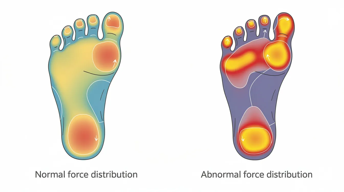 The image compares pressure mapping of normal versus abnormal force distribution under the foot during walking, highlighting how poor biomechanics can lead to knee pain and gait abnormalities. It visually represents the differences in pressure patterns that may contribute to conditions like plantar fasciitis and flat feet.