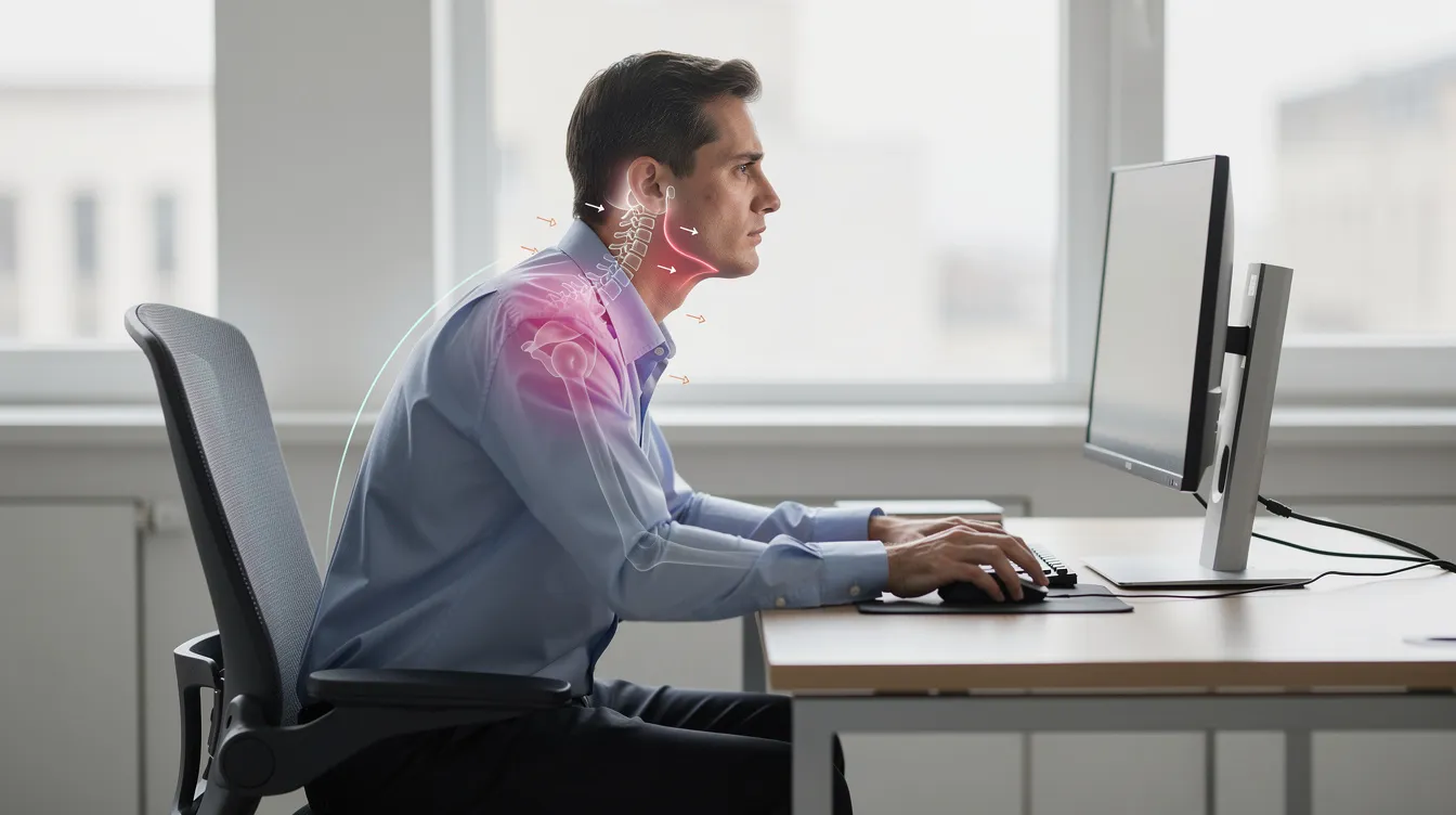 An office worker sits at a desk demonstrating common postural problems, such as a forward head position and rounded shoulders, which can contribute to spinal curvature and discomfort. This image highlights the importance of proper spinal alignment and posture management to prevent further progression of conditions like mild scoliosis.
