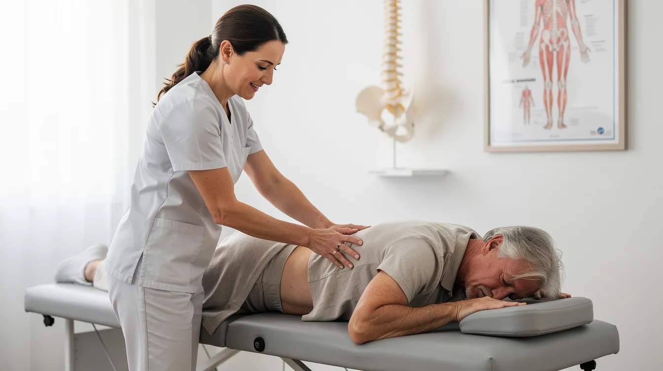 A chiropractor is gently performing a low-force spinal adjustment on a relaxed older adult lying on a treatment table, focusing on enhancing joint mobility and alleviating pain to support healthy aging and independent living. This holistic approach aims to improve overall well-being and reduce chronic pain, promoting a fulfilling lifestyle for seniors.