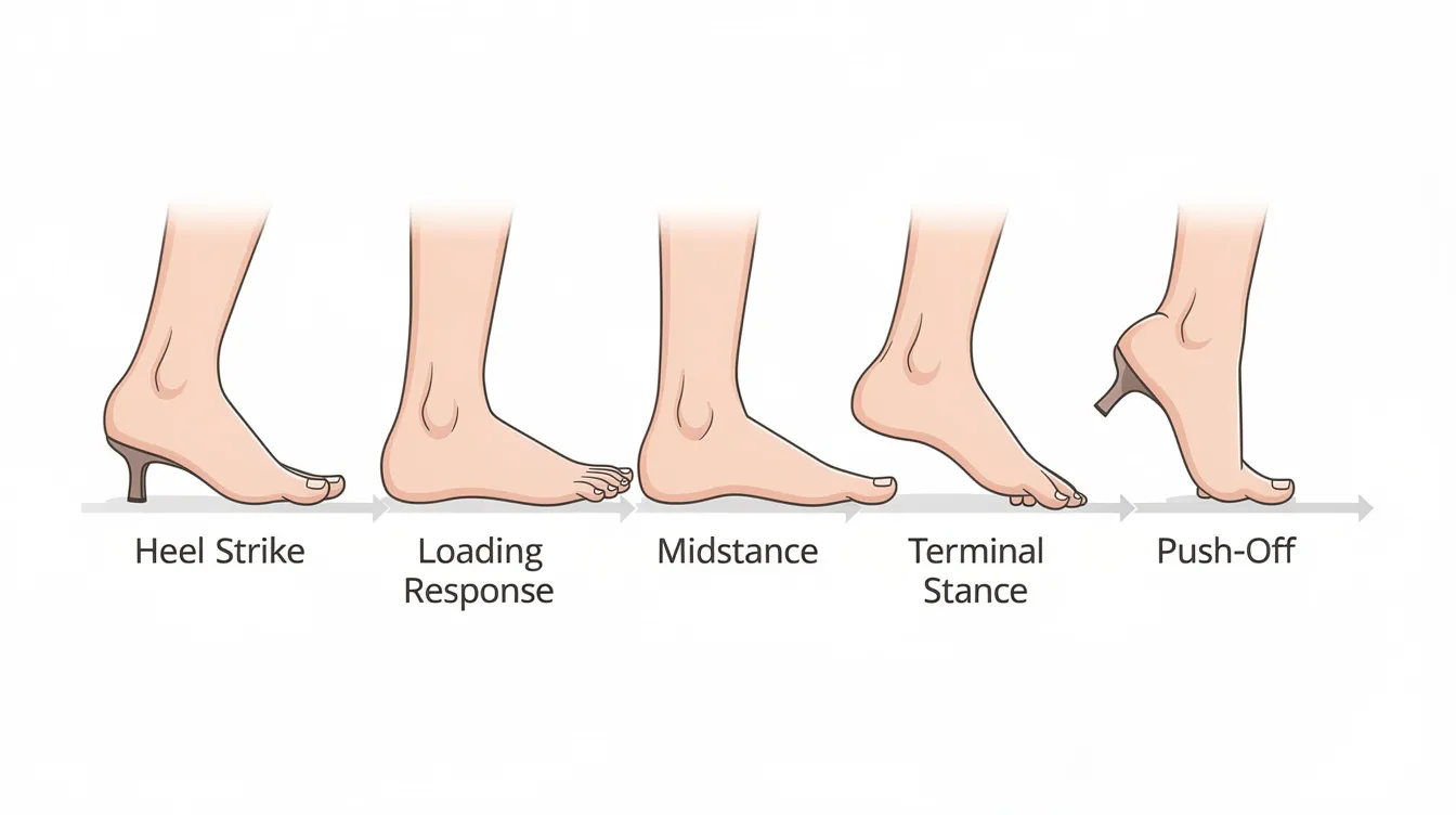 The image illustrates a sequence of foot positions during the walking gait cycle, highlighting the transition from heel strike through midstance to push-off. This visual representation can help in understanding how poor biomechanics and abnormal gait patterns, such as those caused by flat feet or knee pain, affect overall movement and balance.