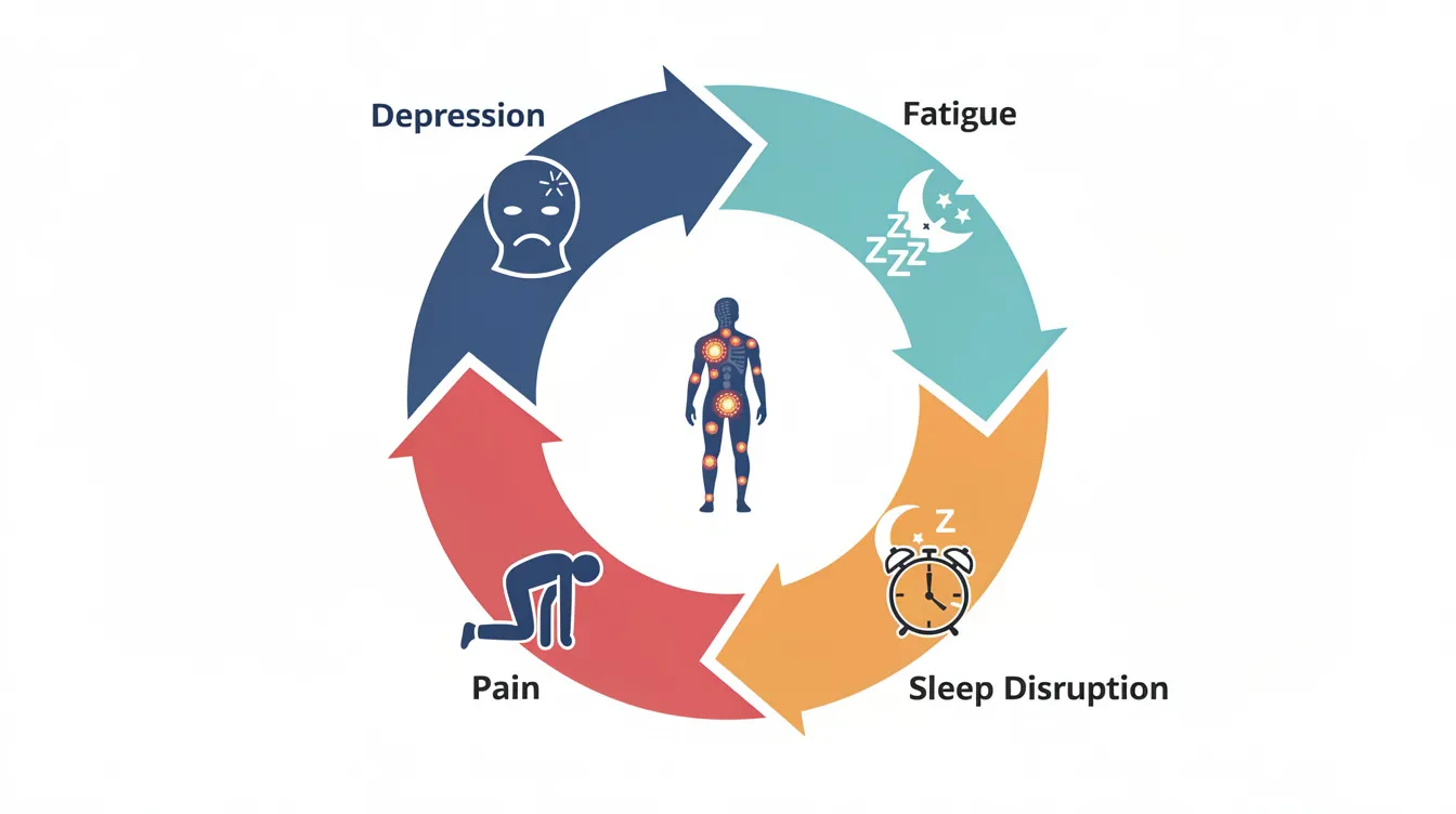 The image illustrates a circular loop connecting depression, fatigue, pain, and sleep disruption, emphasizing the interrelated nature of these symptoms in chronic pain and its impact on mental health. This infographic highlights the importance of a holistic approach in clinical practice to improve overall well-being and quality of life for patients.