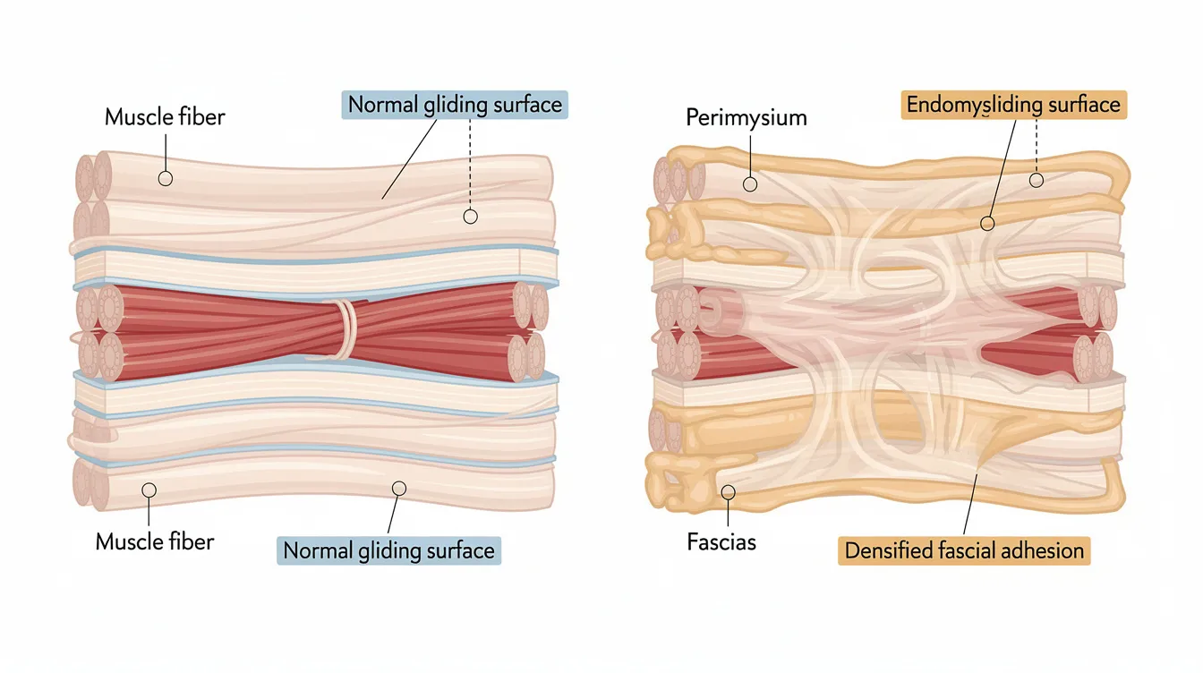 This cross-sectional diagram illustrates the fascial layers surrounding muscle fibers, contrasting normal gliding surfaces with areas of densified adhesion. It highlights how poor posture and chronic stress can lead to muscle tension and joint pain, affecting overall musculoskeletal health.
