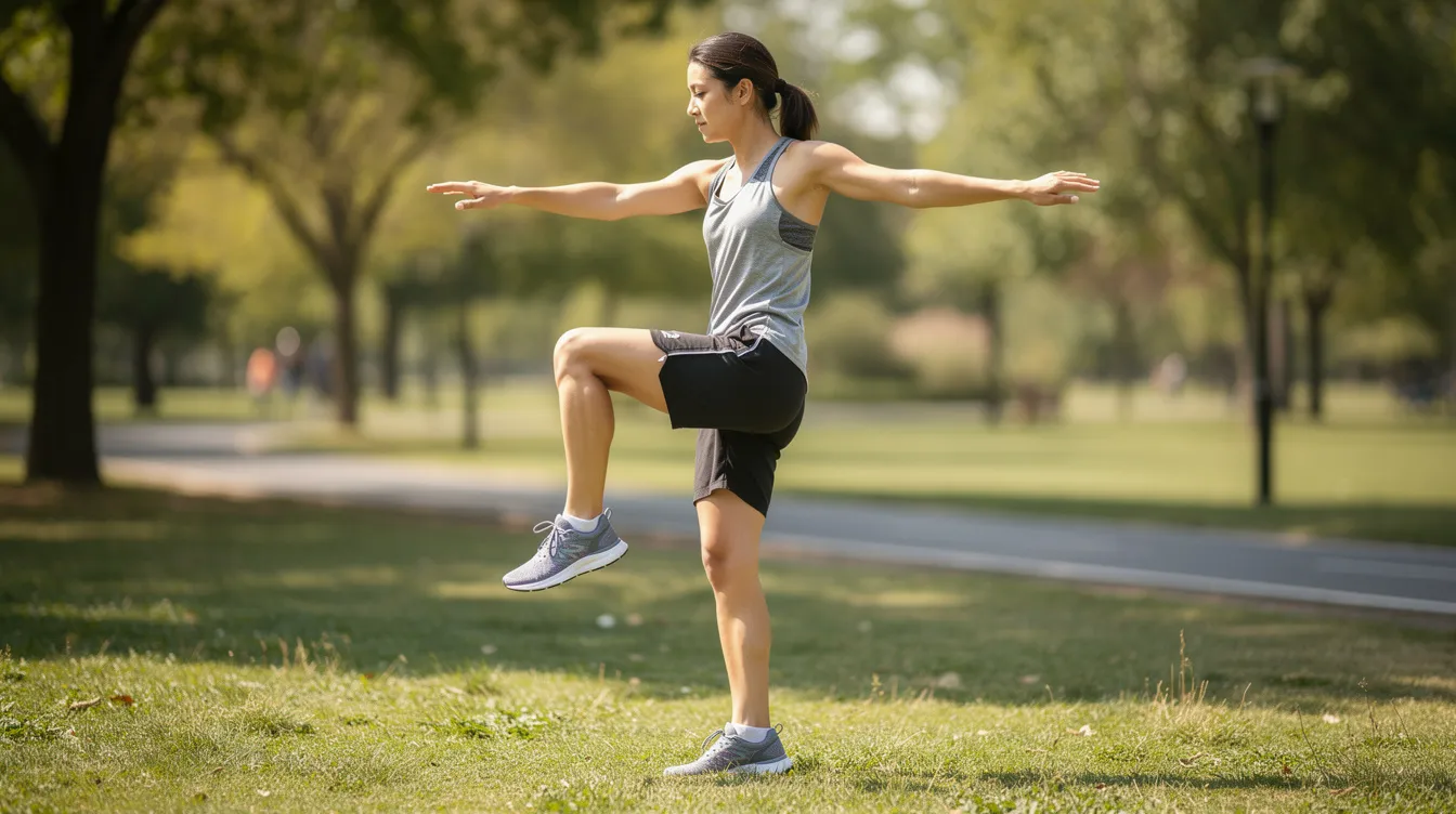 A person is demonstrating a single-leg balance exercise in a park, focusing on maintaining stability and enhancing their physical health. This exercise supports a healthy nervous system, contributing to better coordination and overall function, which is essential for long-term mobility and confidence.