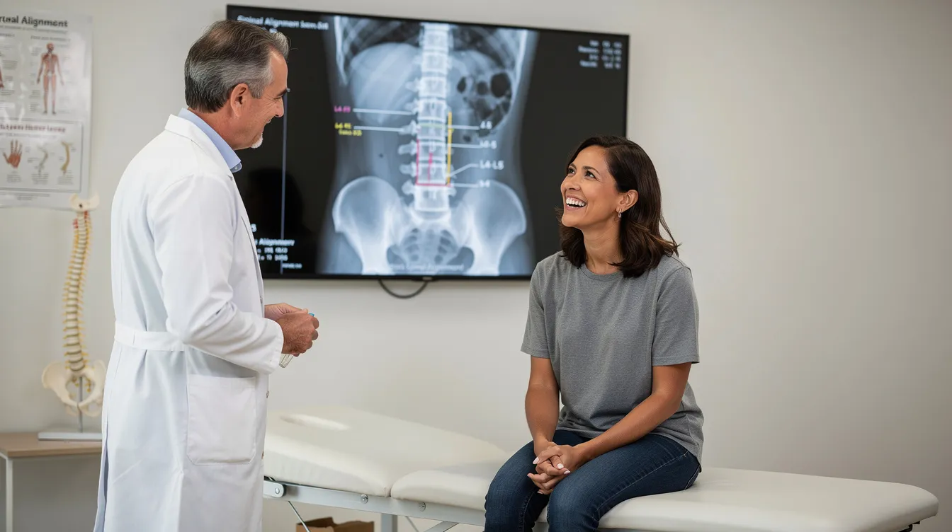 A smiling patient is consulting with a chiropractor who is reviewing spinal imaging results on a screen, discussing potential spinal decompression therapy options to relieve pain from herniated discs and sciatica. The atmosphere is positive, reflecting the hope for improved spinal health and pain relief through a tailored treatment plan.