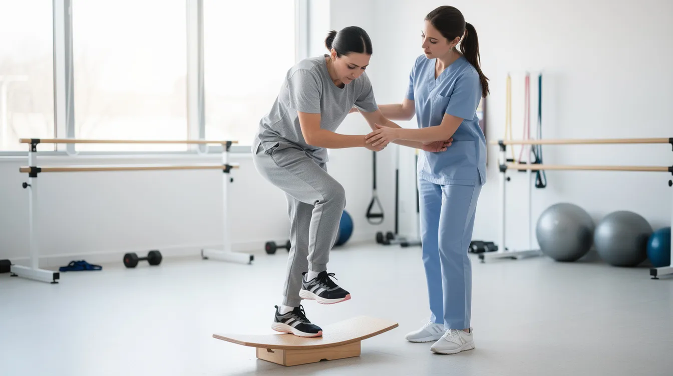 A person is carefully stepping onto a balance board in a bright rehabilitation clinic, supported by a healthcare provider, highlighting the importance of a supportive environment in the recovery journey after severe trauma. This scene emphasizes physical rehabilitation and the emotional support necessary to promote healing and regain confidence in one's body.