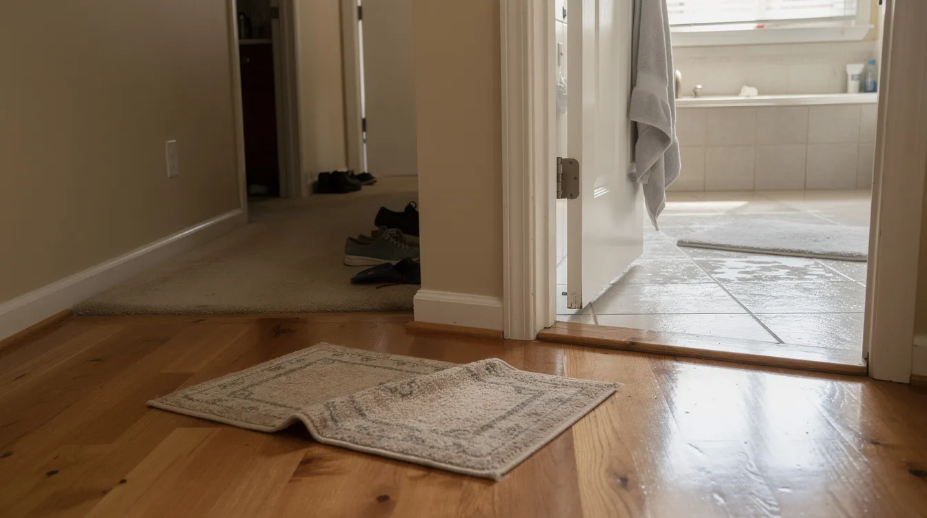 The image depicts a home interior highlighting common fall risk areas, such as a bathroom threshold and a hallway, which are critical for fall prevention efforts among older adults. It emphasizes the importance of addressing environmental factors, like trip hazards and installing grab bars, to reduce the risk of falls and maintain balance.