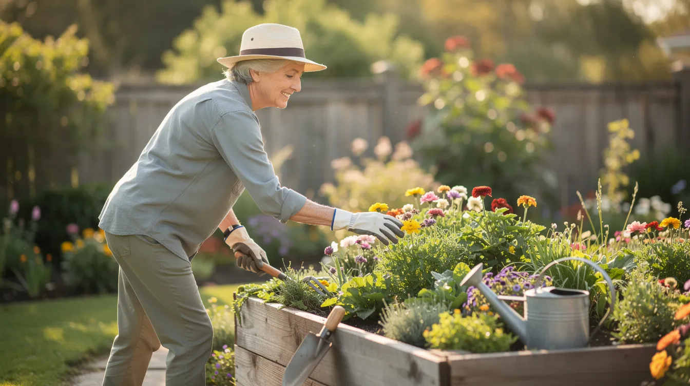 An energetic older adult is seen gardening outdoors, showcasing an upright posture and relaxed body movements, which reflects their commitment to independent living and healthy aging. This scene emphasizes the importance of maintaining joint mobility and overall well-being through active participation in fulfilling lifestyle activities.