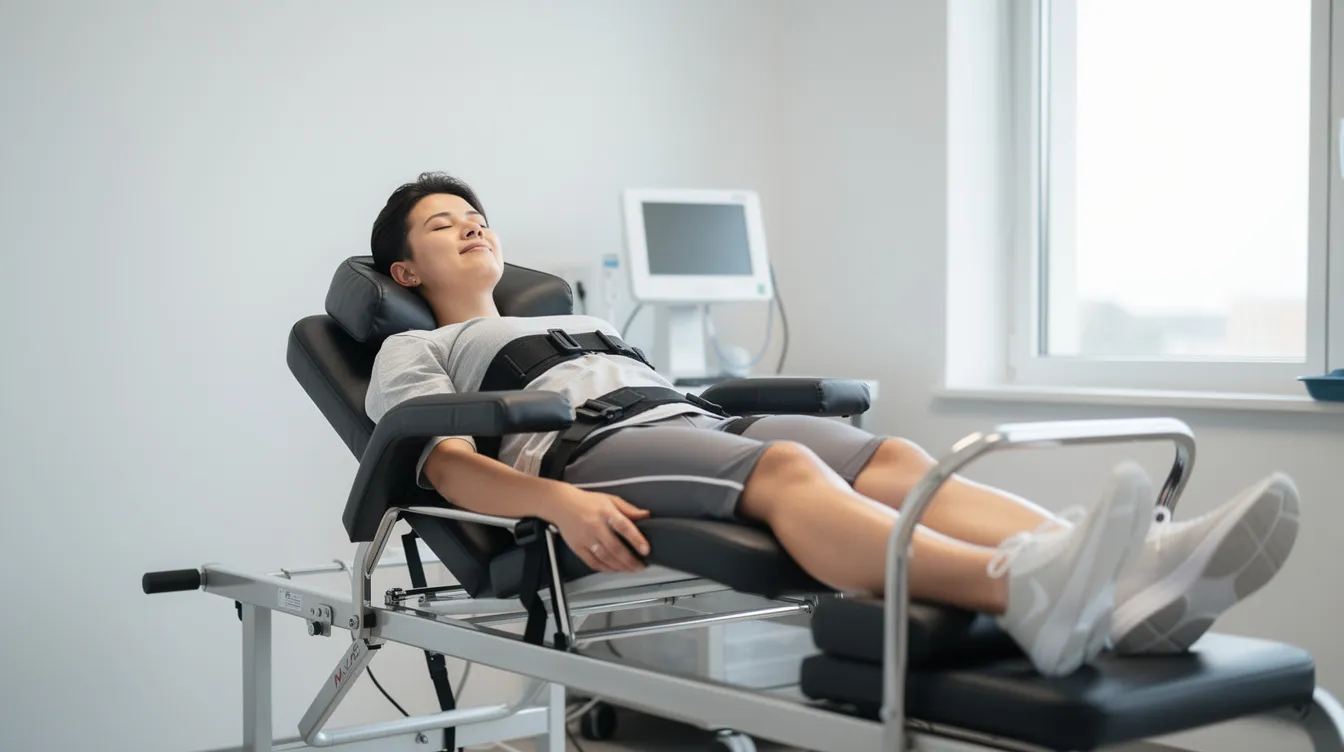 The image shows a person lying comfortably on a specialized spinal decompression traction table in a modern clinical setting, designed to promote spinal health and relieve pressure on spinal discs. This non-invasive therapy is often used to treat conditions like chronic back pain and herniated discs, providing significant pain relief through gentle stretching.