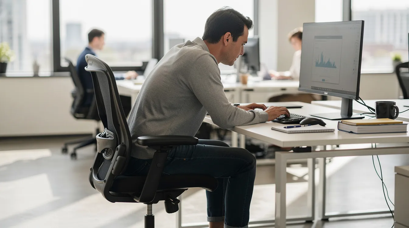 A person is sitting at a desk with a noticeable forward-leaning posture in a bright office environment, highlighting the importance of proper spinal alignment for overall health. This image emphasizes how poor posture can lead to spinal compression, affecting spinal discs and overall spinal function.