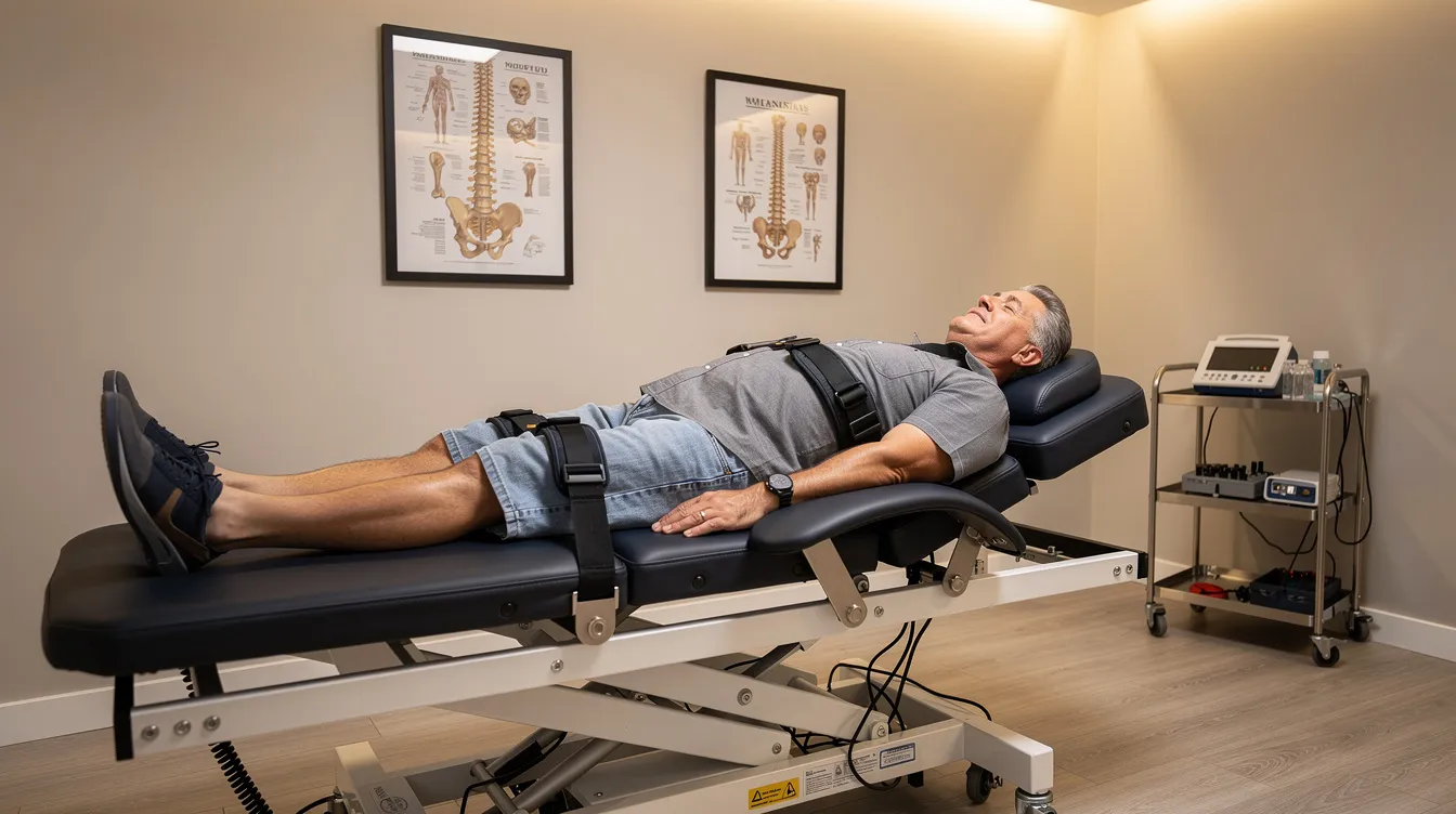 A patient lies comfortably on a spinal decompression table in a serene clinical room with soft lighting, ready for their spinal decompression therapy session aimed at alleviating chronic back and neck pain. The gentle stretching sensation of the decompression process is designed to relieve pressure on herniated discs and promote natural healing.