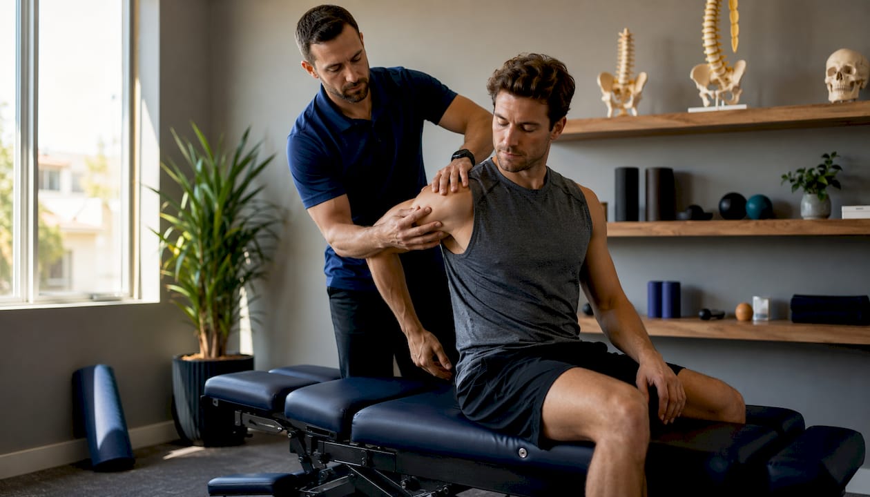 Chiropractor adjusting athlete's shoulder joint