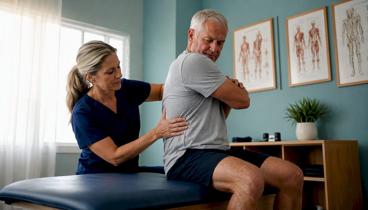 Chiropractor adjusting senior patient in clinic