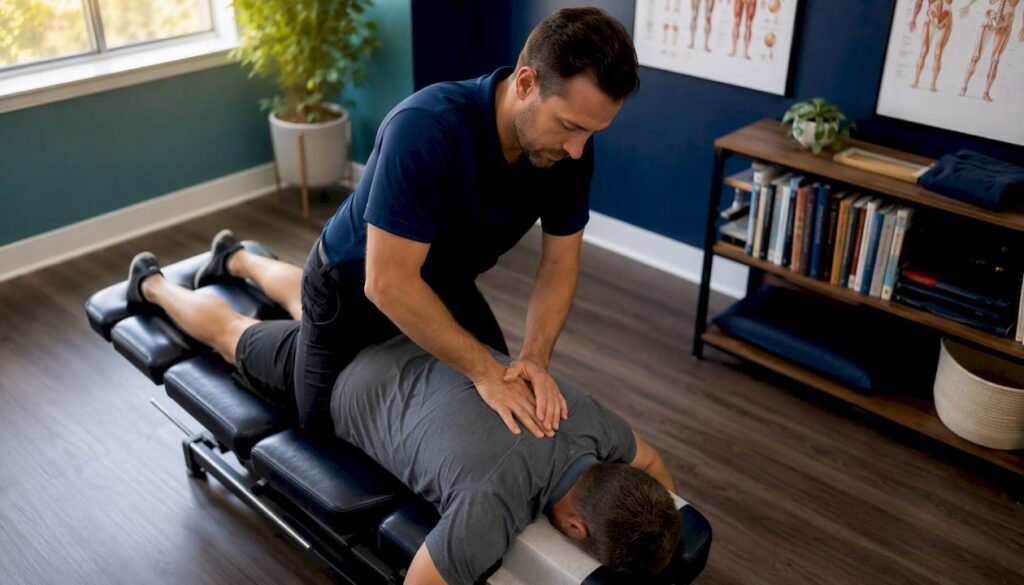Chiropractor performing spinal adjustment on patient