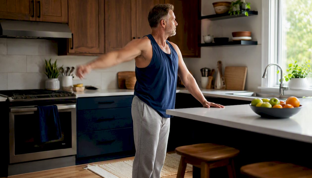 Man doing pendulum shoulder exercise at home