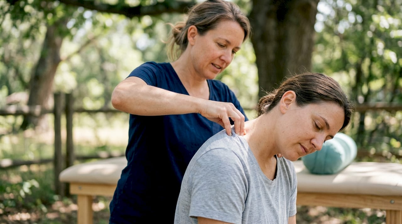 Hands applying manual pressure on shoulder muscle