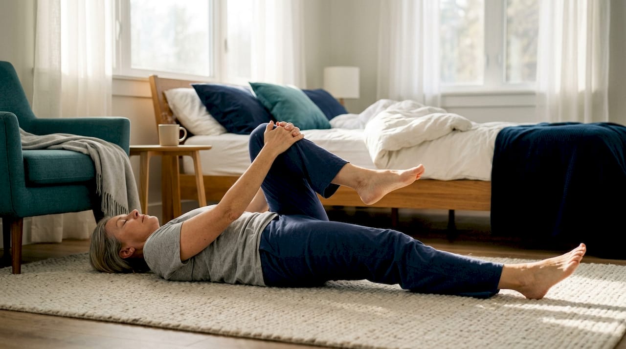 Person doing morning leg stretches in bed