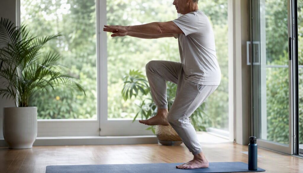 Senior performing single-leg stand at home