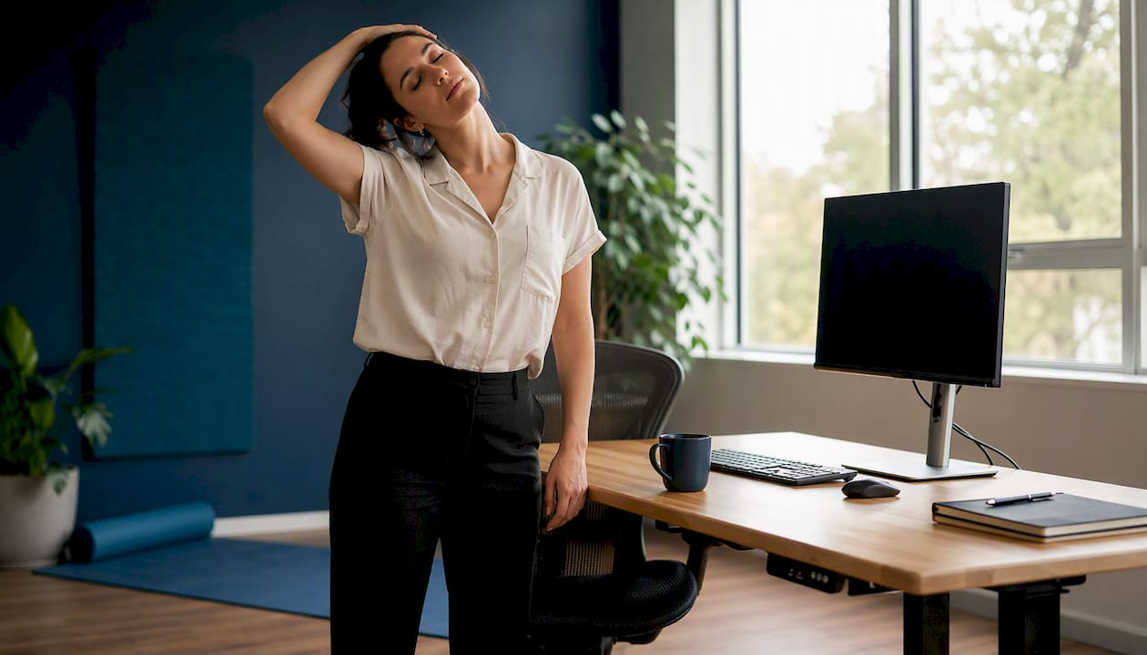Person performing neck side bend stretch at office desk