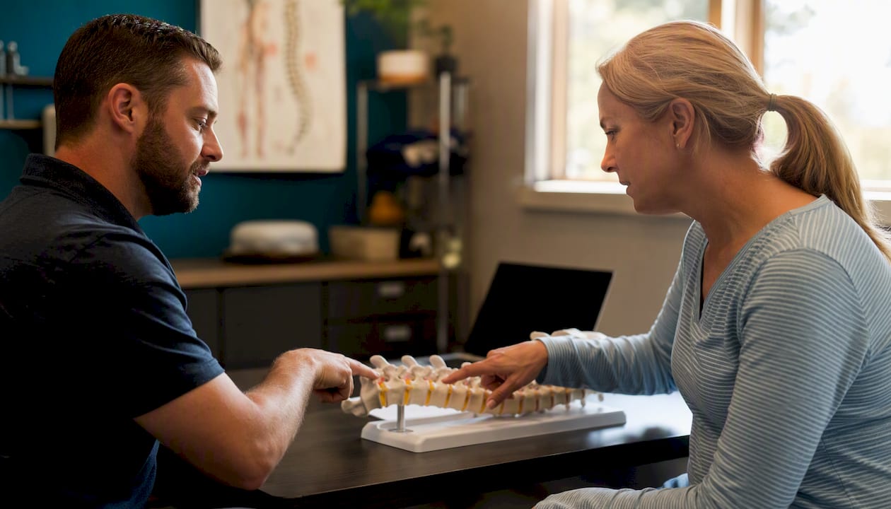 Hands of chiropractor and patient pointing at spine model