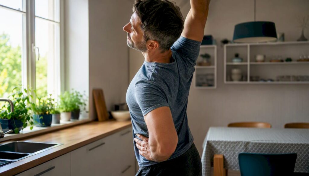 Person stretching lower back in living room