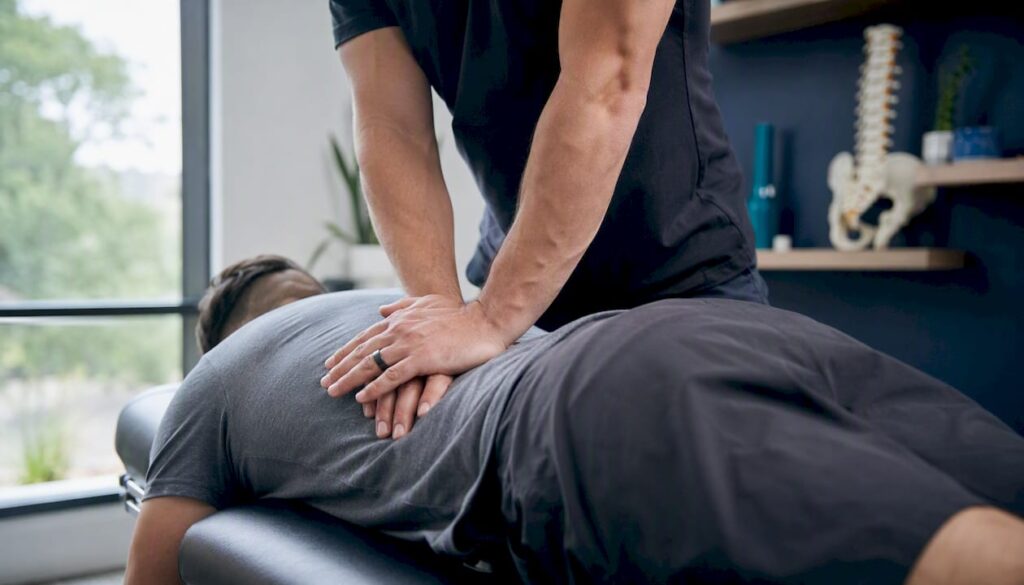 Chiropractor performing spinal adjustment on patient