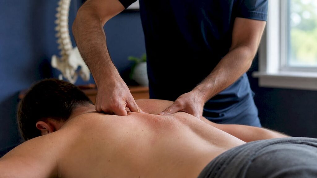 Chiropractor palpating taut muscle band
