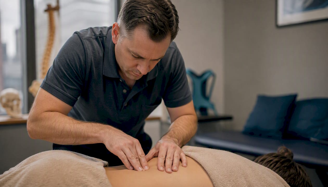 Chiropractor assessing patient’s upper back by hand