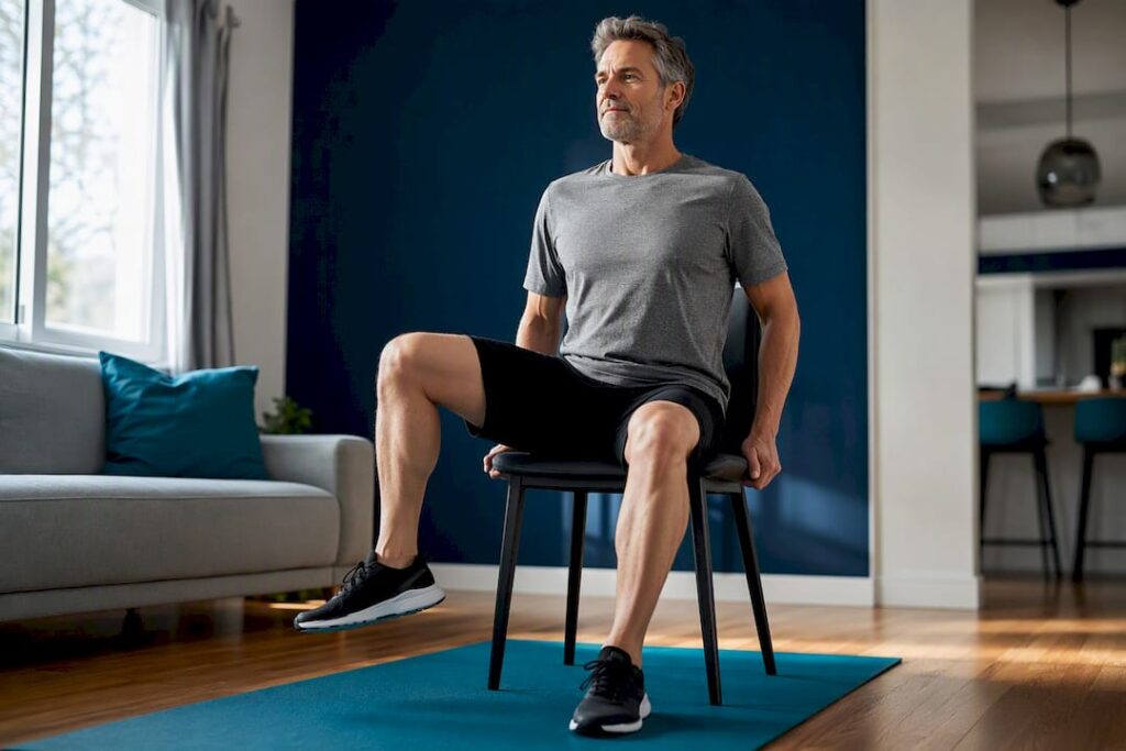 Adult performing seated hip mobility exercise