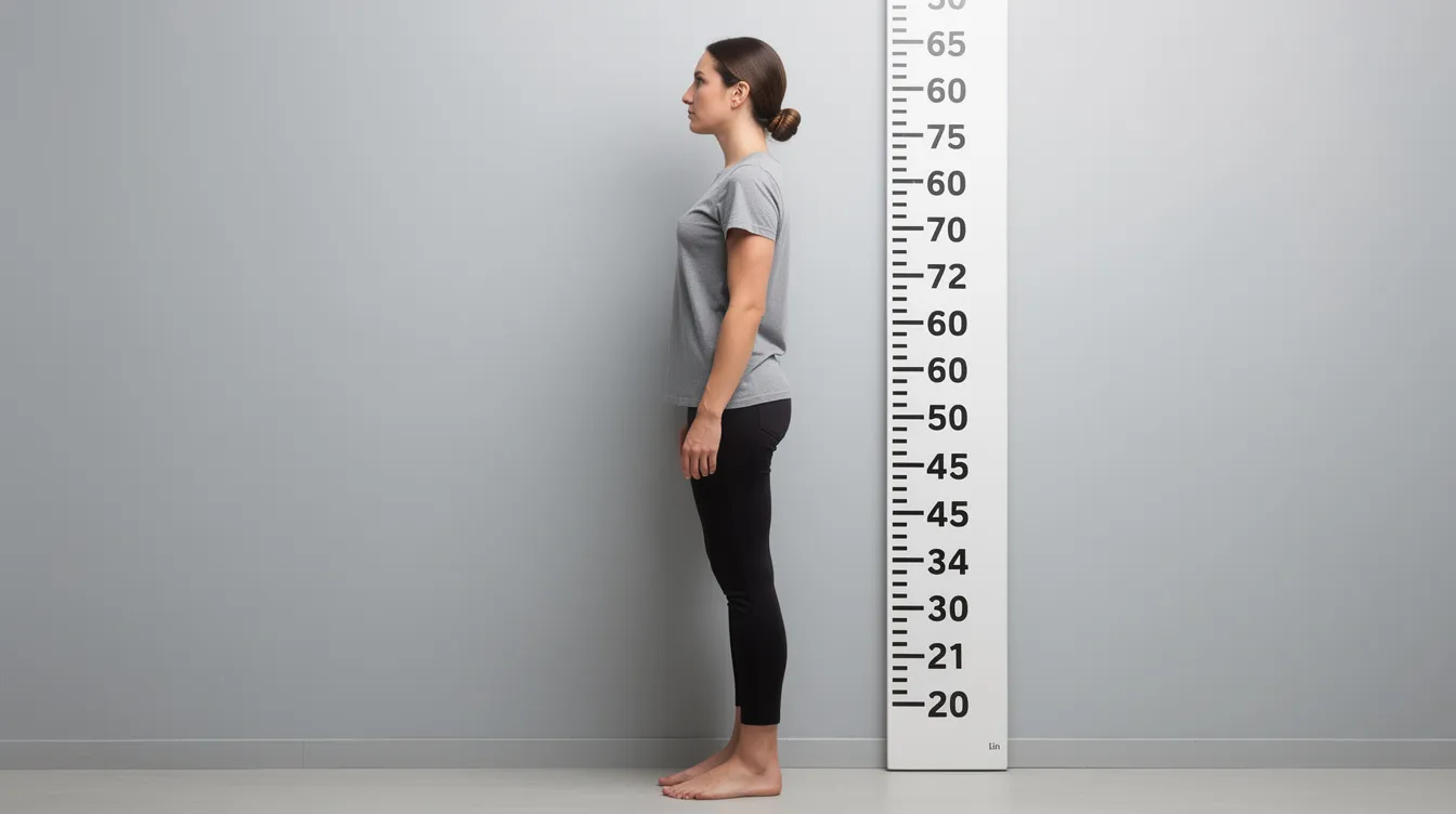 The image depicts a person standing with visibly improved upright posture next to a height measurement chart, showcasing the benefits of spinal decompression and proper alignment. Their stance reflects enhanced spinal health and a slight increase in perceived height, emphasizing the importance of good posture for overall well-being.