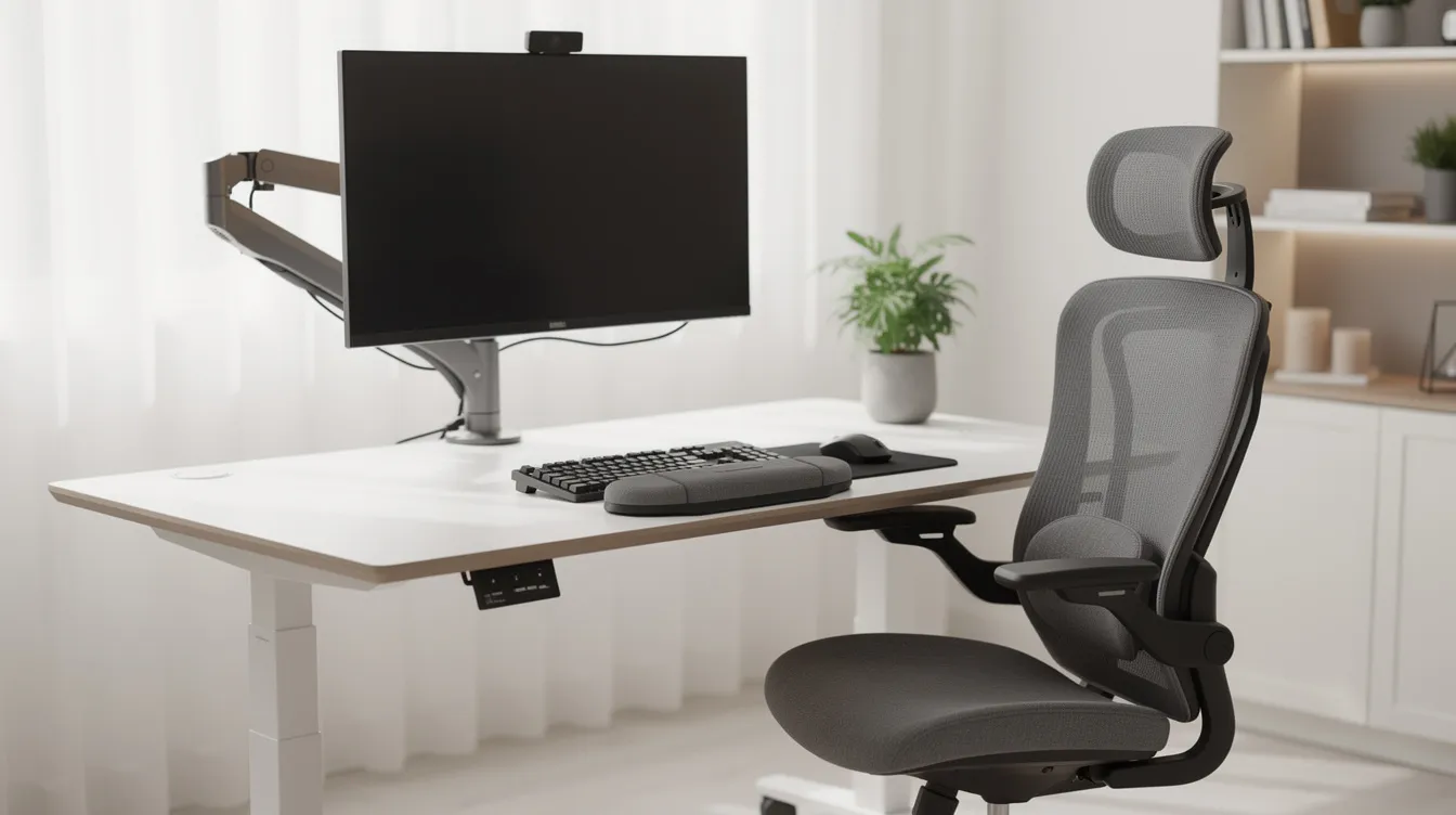 The image depicts an ergonomic office workstation featuring an adjustable monitor arm and a supportive chair, designed to promote spinal health and proper posture for desk workers. This setup helps mitigate the effects of prolonged sitting and poor posture, supporting overall well-being during long hours of office work.