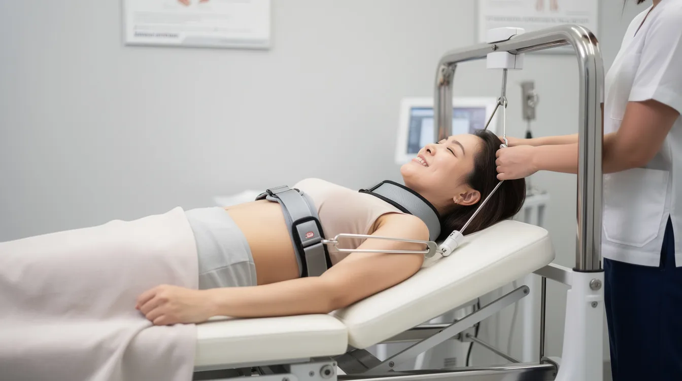 A person is receiving gentle spinal traction on a specialized decompression table in a modern clinical setting, aimed at relieving pressure on spinal discs and promoting spinal health. This non-surgical spinal decompression therapy works to alleviate chronic back pain and improve overall spinal function.