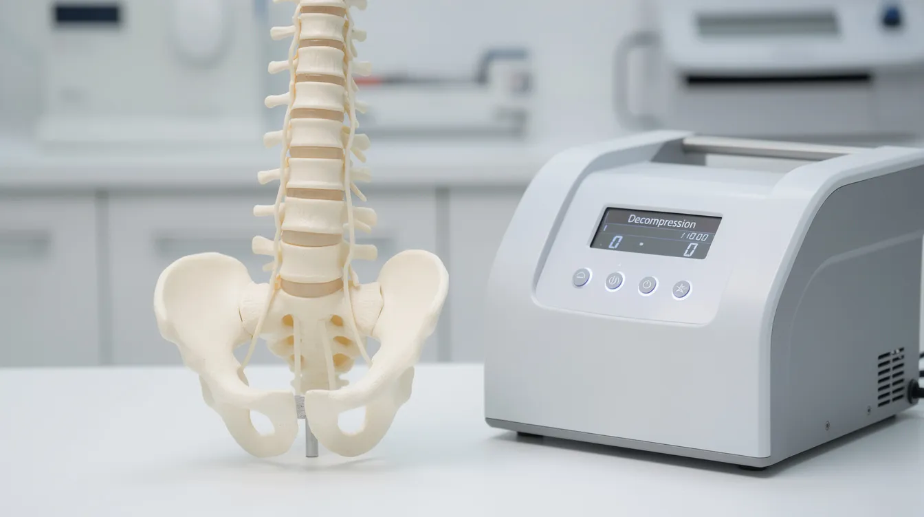 The image shows a close-up of a healthy spine model positioned next to a decompression therapy device, illustrating the importance of spinal health and the role of spinal decompression treatment in alleviating conditions like degenerative disc disease and spinal stenosis. This visual emphasizes how many patients notice improvement in their care plan after several spinal decompression sessions.
